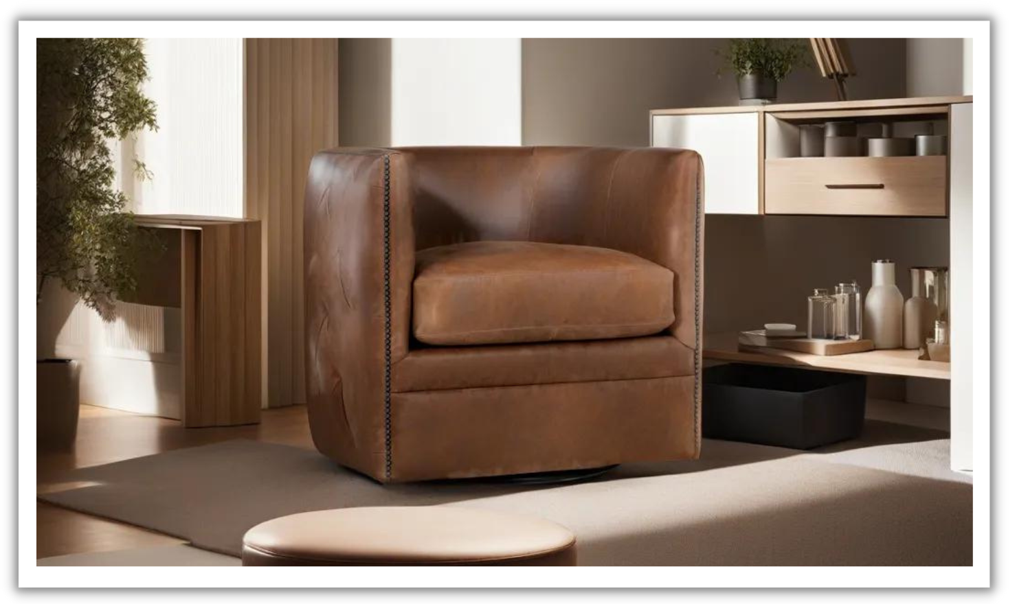 Palazzo Curved Leather Swivel Chair with Button Tufting by Bernhardt Jennifer Furniture