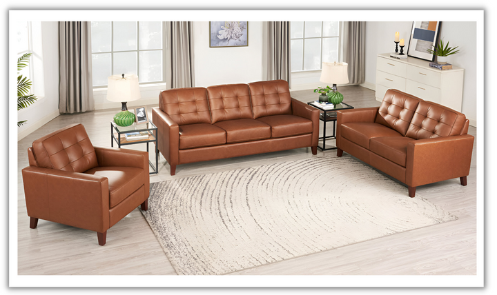 Hydeline Aiden Leather Living Room Set in Nutmeg Brown