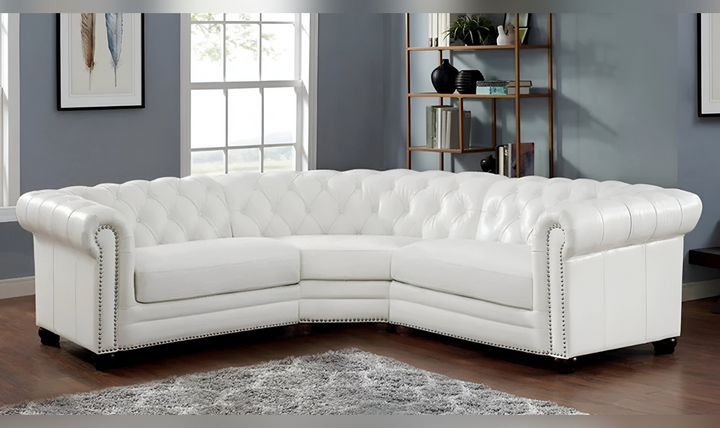 Aliso Leather Sectional Sofa with Nailhead Finish in Cream White