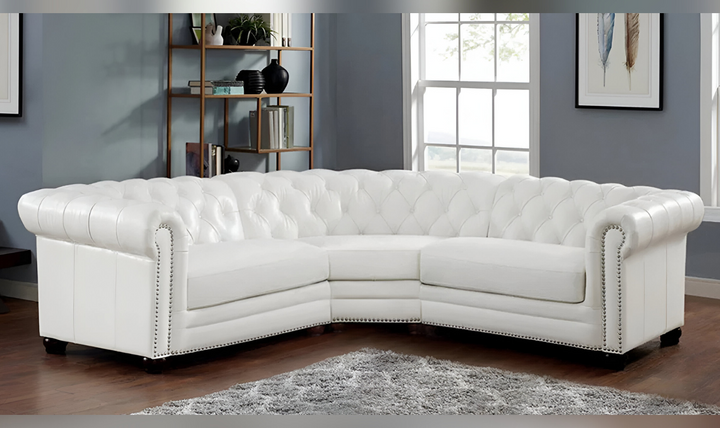 Aliso Leather Sectional Sofa with Nailhead Finish in Cream White