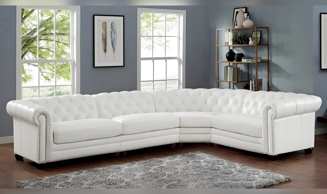 Aliso Leather Sectional Sofa with Nailhead Finish in Cream White