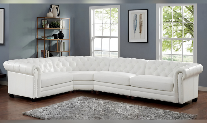 Aliso Leather Sectional Sofa with Nailhead Finish in Cream White