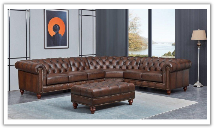 Alton Bay Leather Sectional Sofa In  Caramel Brown with Nailhead Finish