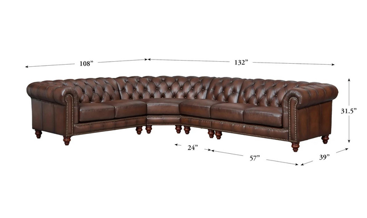 Alton Bay Leather Sectional Sofa In  Caramel Brown with Nailhead Finish