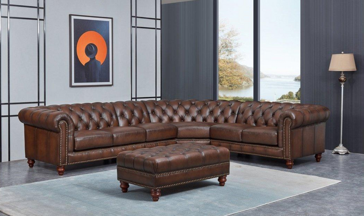 Alton Bay Leather Sectional Sofa In  Caramel Brown with Nailhead Finish