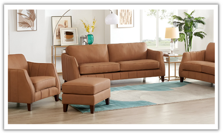 Aria Leather Living Room Set In Saddle Brown