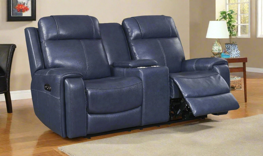 Leather Italia Atlantic Modern Power Reclining Loveseat in Blue Leather-jennifer furniture