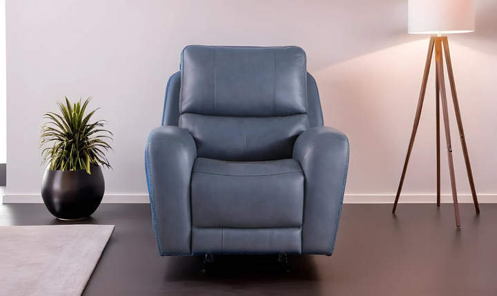 Bel Air Power Blue Leather Glider Recliner with Power Headrest-jennifer furniture