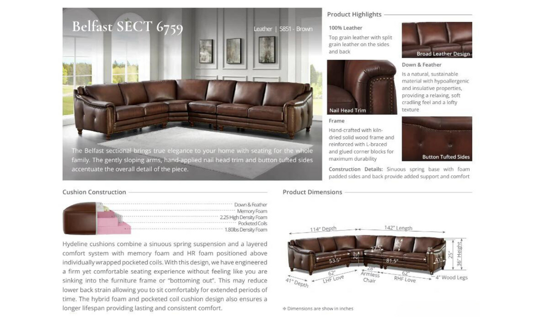 Belfast L-Shape Leather Sectional Sofa in Caramel Brown