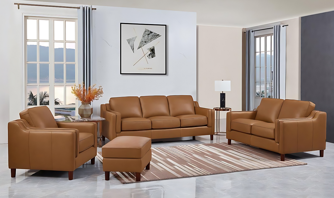 Bella Leather Living Room Set With Box Cushion