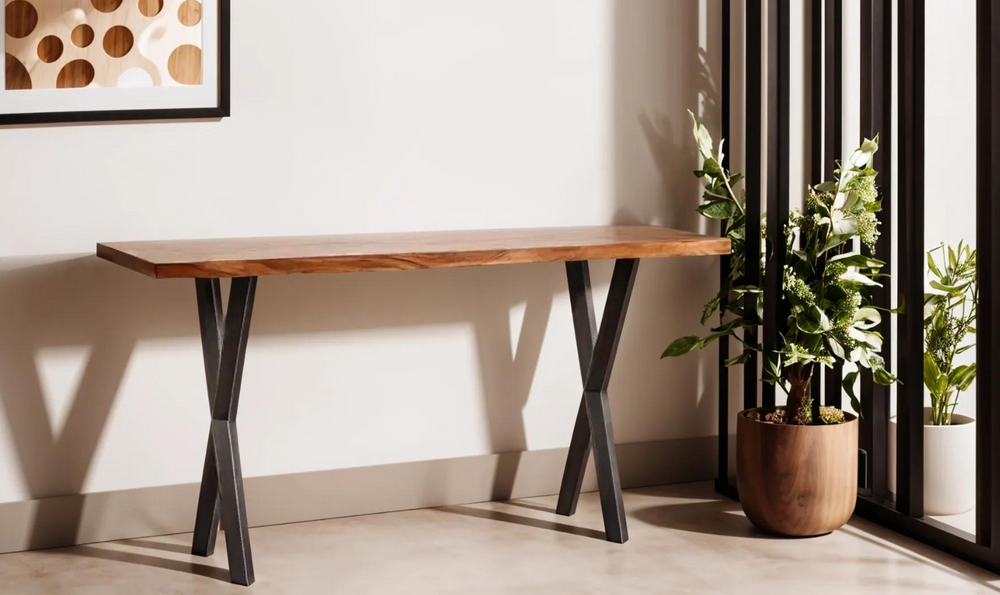 HTD Brisbane Console Brown Table in Natural Sheesham Wood and Iron Legs- Jennifer Furniture