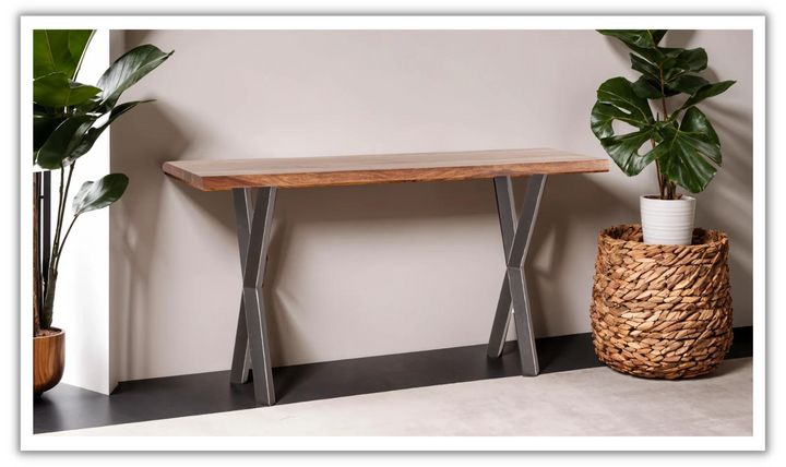 HTD Brisbane Console Brown Table in Natural Sheesham Wood and Iron Legs- Jennifer Furniture