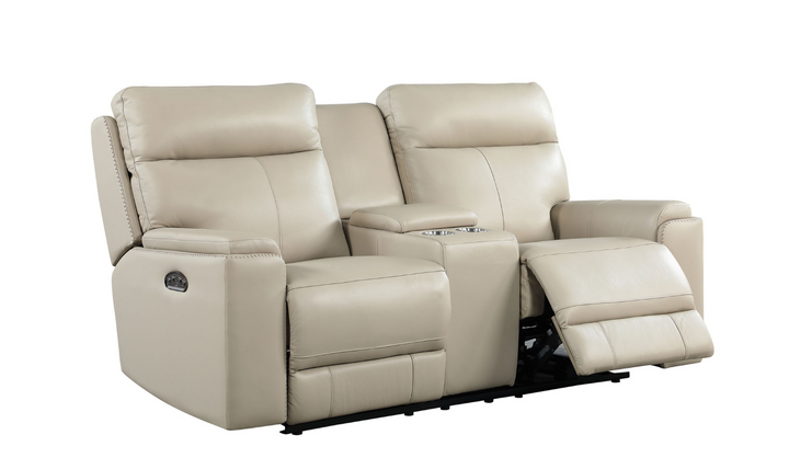 Leather Italia Bryant Taupe Leather Power Reclining Loveseat With Console