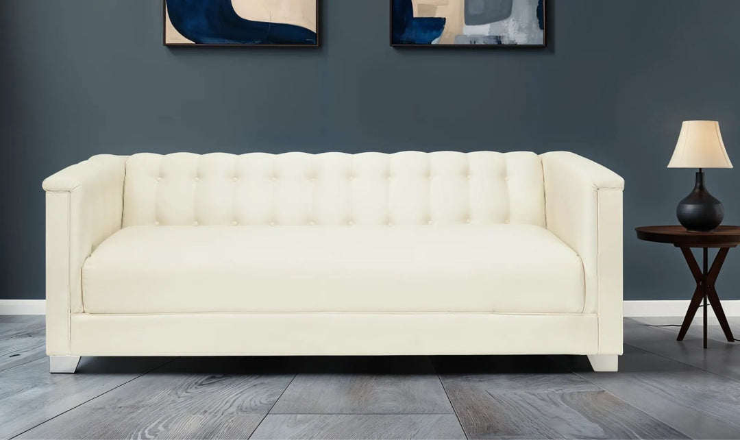 Coaster Chaviano 3-Seater Tufted Faux Leather Sofa in Pearl White