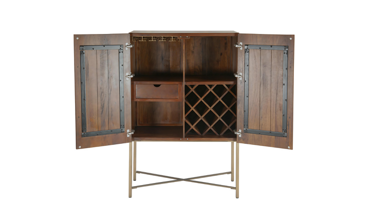 Cosmopolitan Bar Cabinet In Honey Brown And Iron Base-Jennifer Furniture