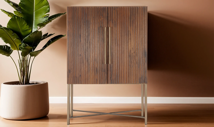 Cosmopolitan Bar Cabinet In Honey Brown And Iron Base-Jennifer Furniture