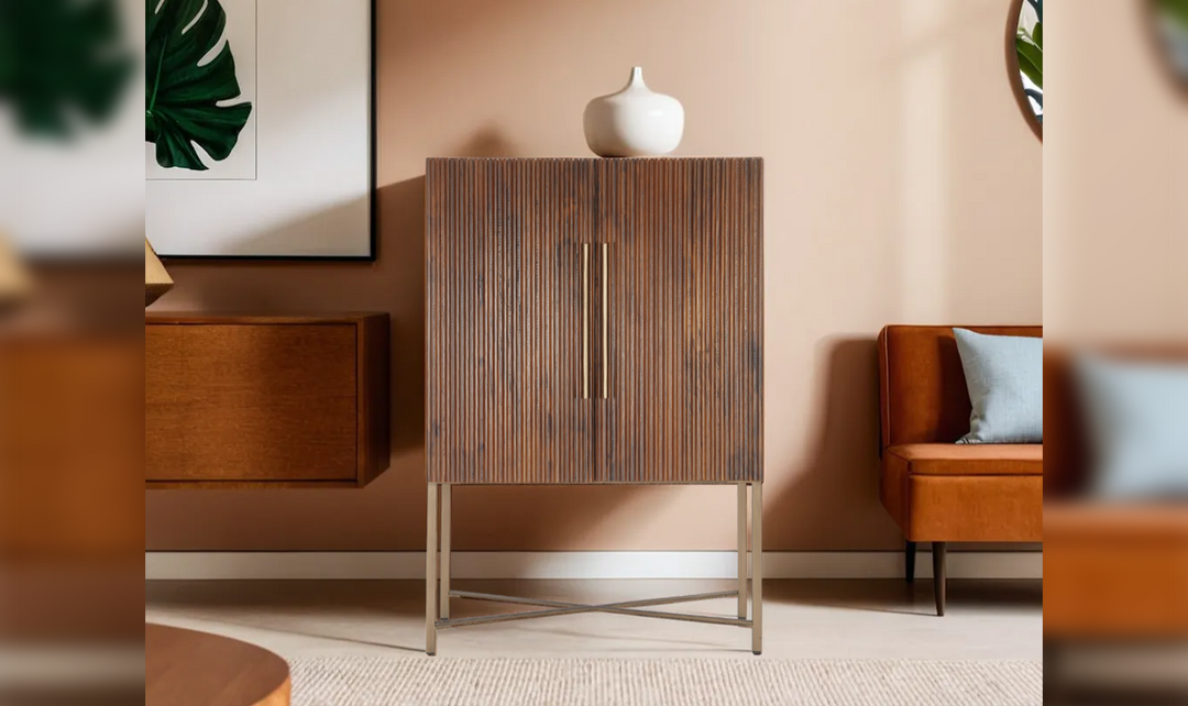 Cosmopolitan Bar Cabinet In Honey Brown And Iron Base-Jennifer Furniture