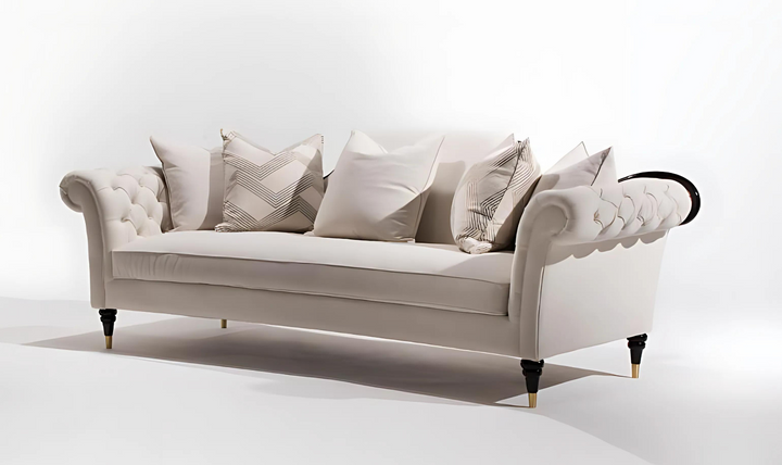 Gio Italia Dantone 3-Seater Beige Fabric Sofa with Tufted Rolled Arm