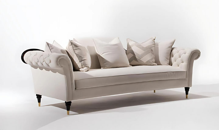 Gio Italia Dantone 3-Seater Beige Fabric Sofa with Tufted Rolled Arm