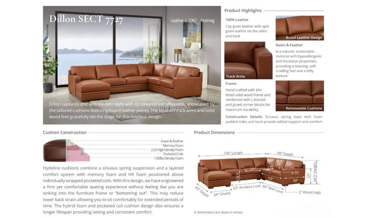 Dillon U-Shape Leather Sectional Sofa in Nutmeg Brown