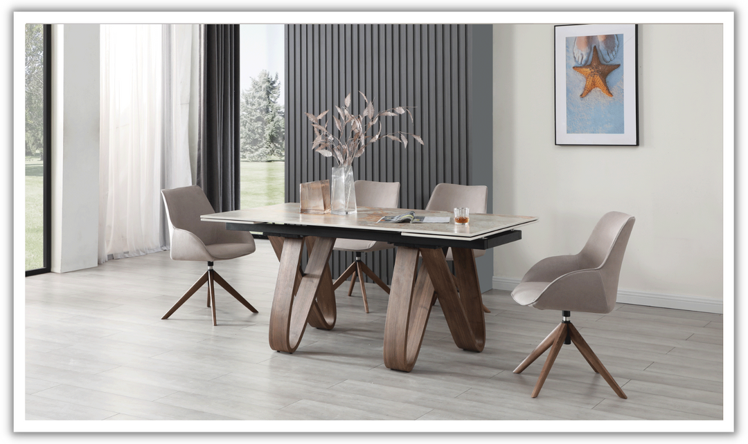 ESF Italia Bruno Dining Set (1 Extendable Brown Table + 4 Gray Swivel Chairs)