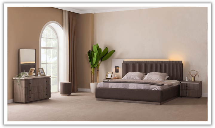 ESF Italia Elvis Brown Bedroom Set With Upholstered Headboard (Queen/King Bed + Nightstand + Dresser with Mirror)