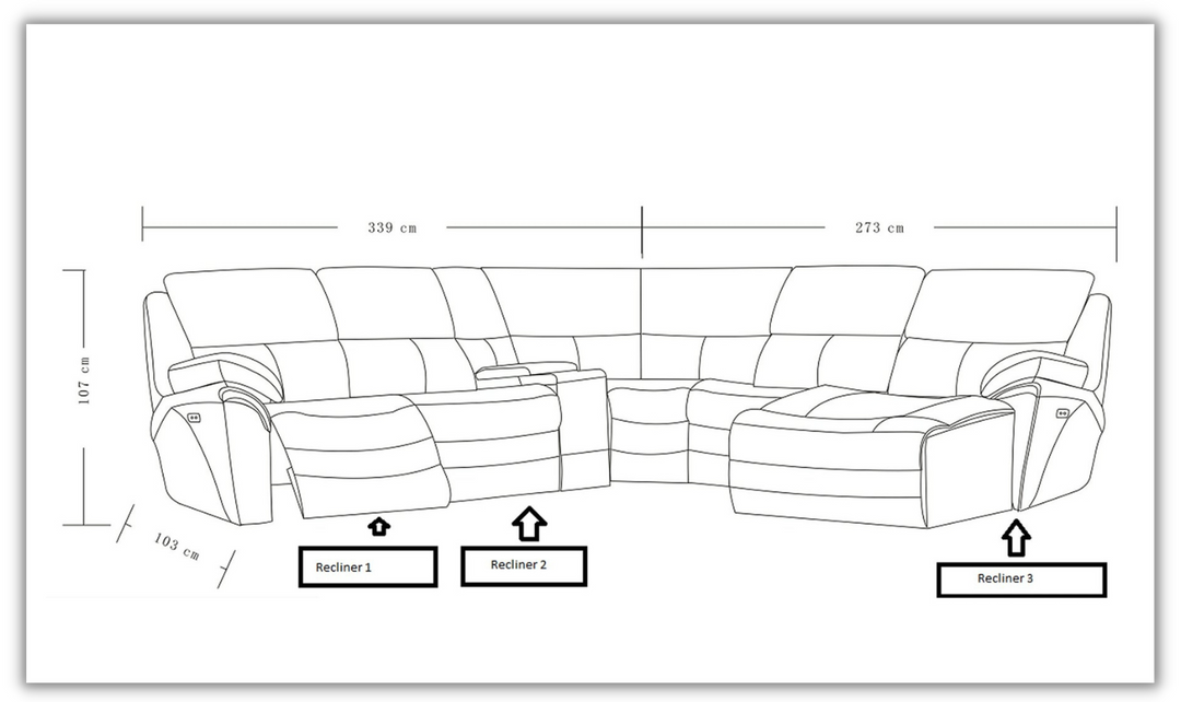 ESF Italia Velure U-Shape Power Recliner Leather Sectional In Black