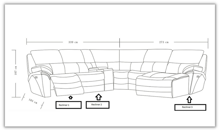 ESF Italia Velure U-Shape Power Recliner Leather Sectional In Black