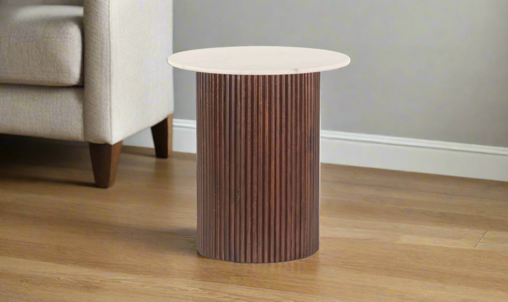 Amalfi 22" Round Side Table in Mango Wood with White Marble-Jennifer Furniture