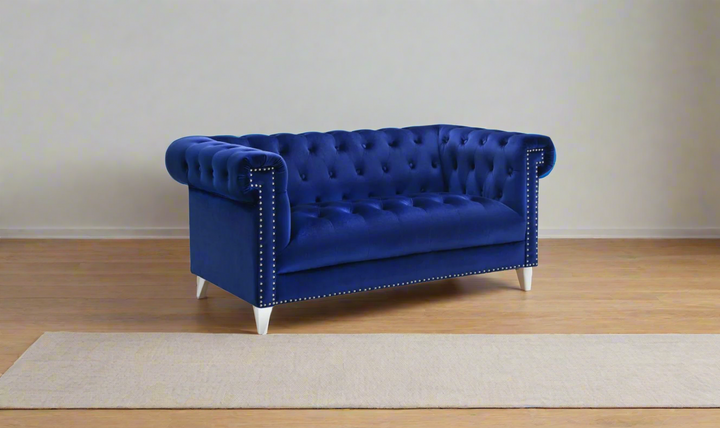 Coaster Furniture Bleker Tufted Velvet Upholstered Tuxedo Arm Loveseat in Blue- Jennifer Furniture