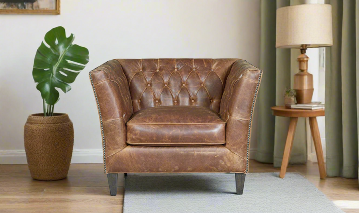 Universal Furniture Duncan Brown Leather Chair with Button-tufted Backrest