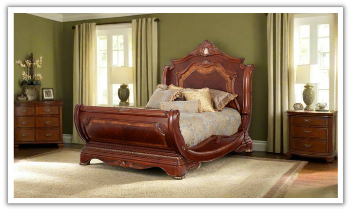 AICO Cortina Sleigh Bed in Honey Walnut Finish