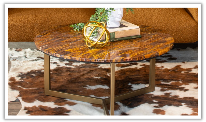 HTD Calico 36" Round Coffee Table in Tiger Eye with Iron Base