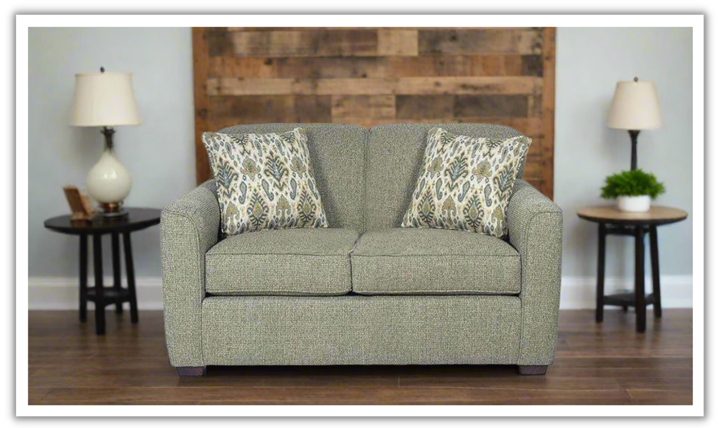 Craftmaster Stacey Gray Fabric Loveseat in Wooden Finish with 2 Pillows- Jennifer Furniture