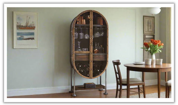 HTD Bowery Oval Iron Bar Cabinet with Glass Doors