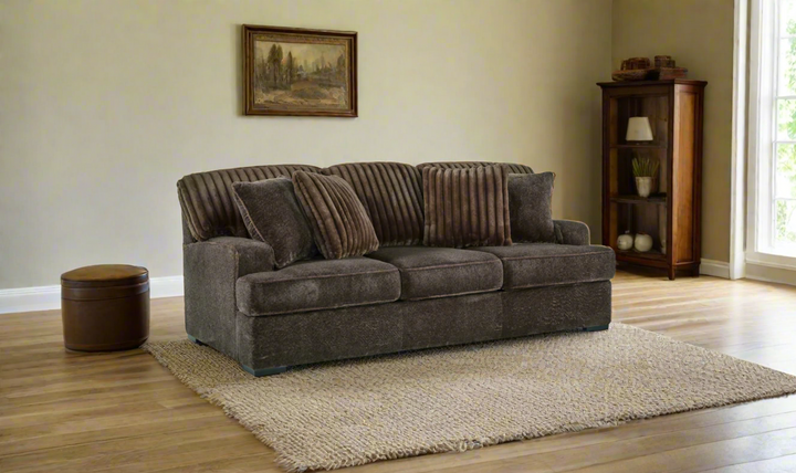 Aylesworth Fabric Sofa With Reversible Cushions In Chocolate Brown- Jennifer Furniture