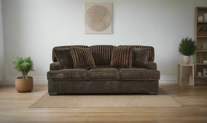 Aylesworth Fabric Sofa With Reversible Cushions In Chocolate Brown- Jennifer Furniture