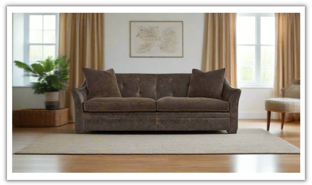 Bernhardt Brixton 2-seater Brown Leather Sofa with Luxe Feather Down Cushion- Jennifer Furniture