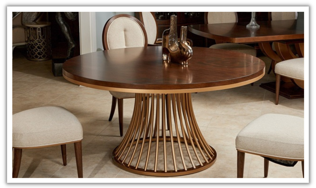 AICO Camellia Round Dining Table with Stripes Base in Brown