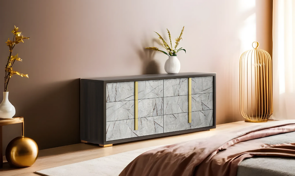 Jennifer Italia Travertine 6- Drawers Premium Dresser In Gray - Jennifer Furniture