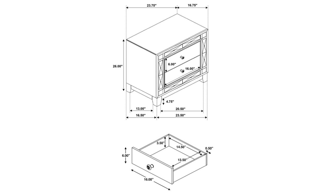 Coaster Furniture Leighton 2-Drawer Nightstand in Metallic Mercury Finish- Jennifer Furniture