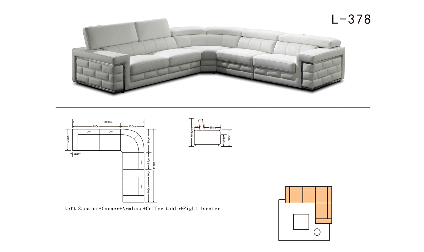 ESF Enamor L-Shaped Silver Leather Sectional Sofa with Adjustable Headrests