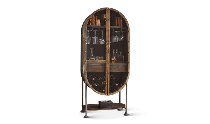 HTD Bowery Oval Iron Bar Cabinet with Glass Doors-Jennifer Furniture