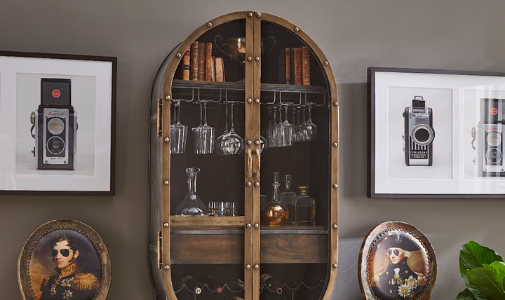 HTD Bowery Oval Iron Bar Cabinet with Glass Doors-Jennifer Furniture