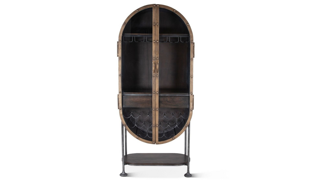 HTD Bowery Oval Iron Bar Cabinet with Glass Doors-Jennifer Furniture