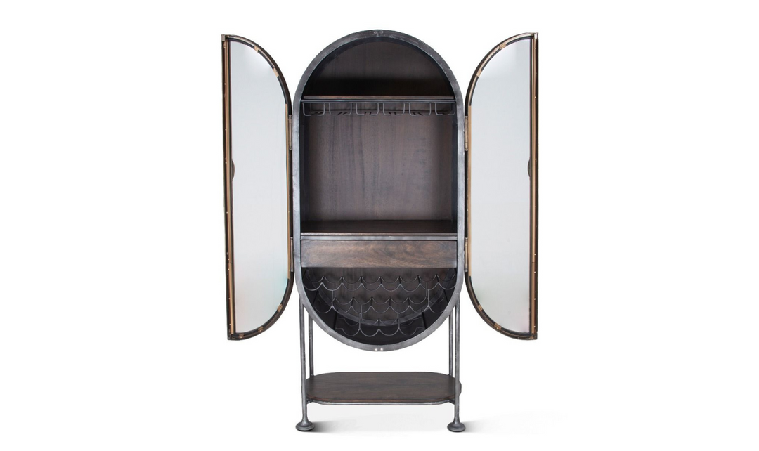 HTD Bowery Oval Iron Bar Cabinet with Glass Doors-Jennifer Furniture