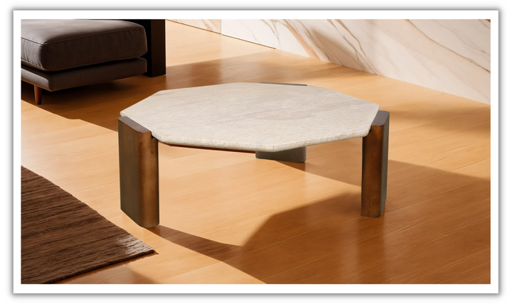 HTD Breton Octagonal Brown Coffee Table with Travertine Top in Walnut-Jennifer Furniture