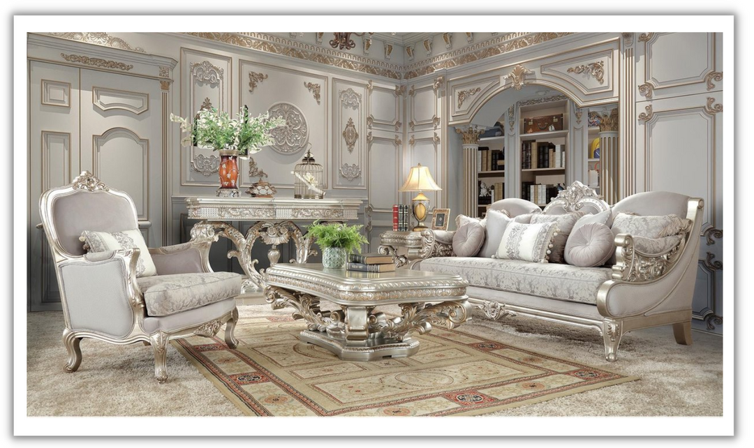 Homeydesign Rosella 3 Pieces Fabric Living Room Set in Metallic Silver Finish- jennifer furniture