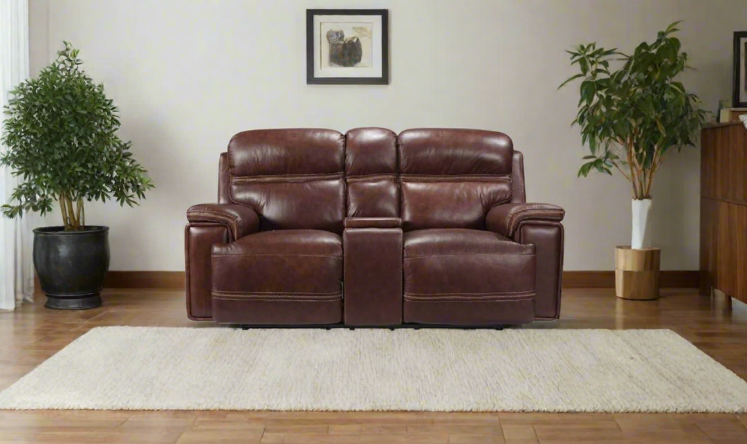 Leather Italia Fresno Brown Leather Power Recliner Loveseat with Storage Console-jennifer furniture