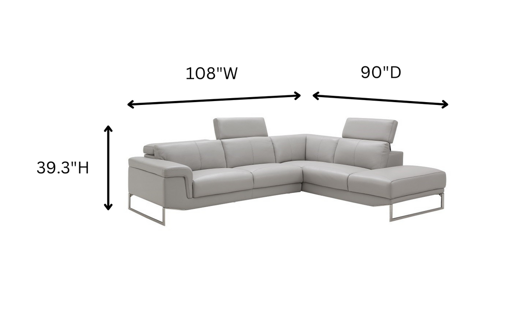 Jennifer Italia Cinephile 3-Seater Leather Chaise Sectional in Light Gray-jenniferfurniture.com